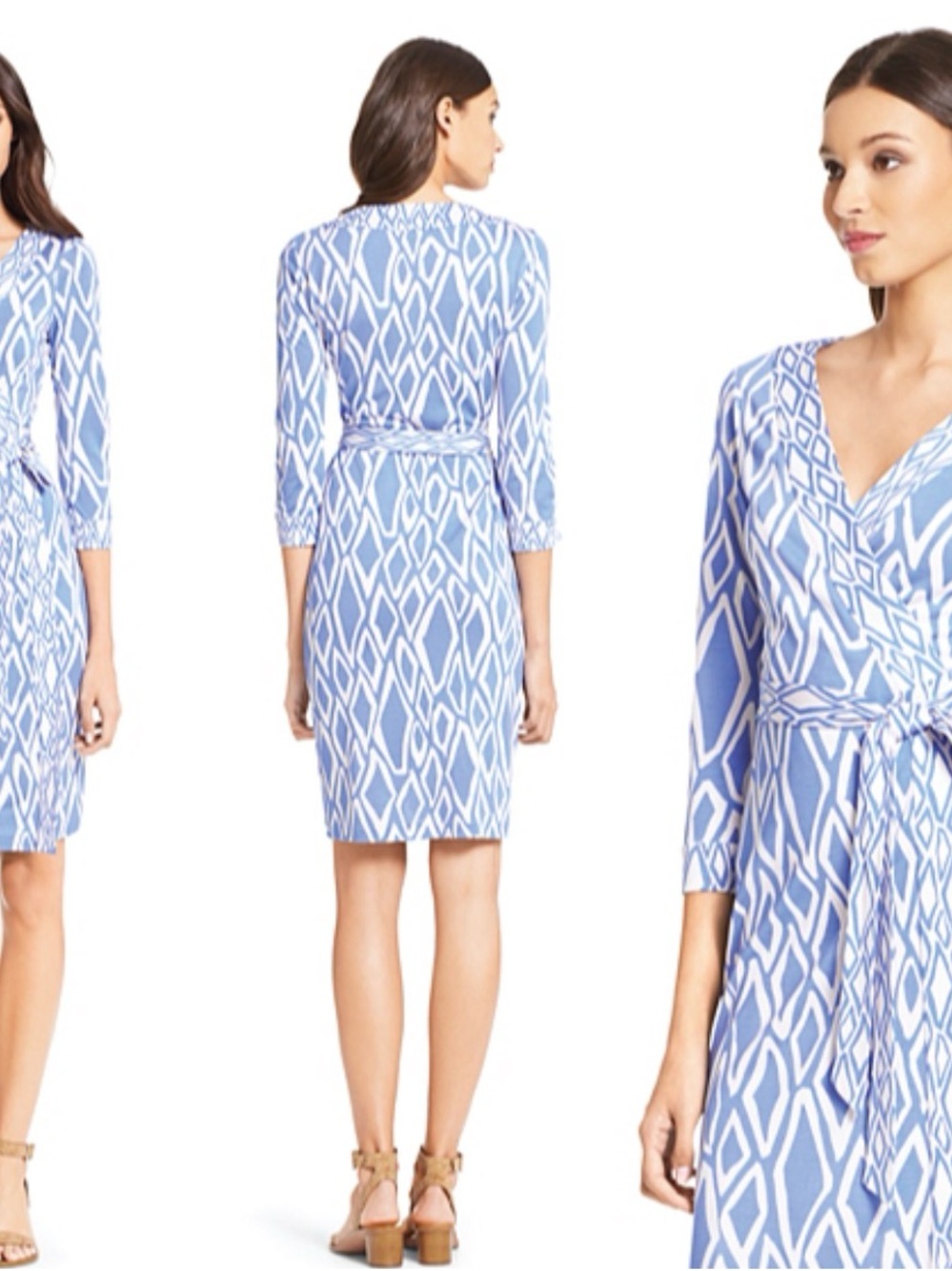 Diane Von Furstenberg Light Blue & White Geometric Wrap Dress